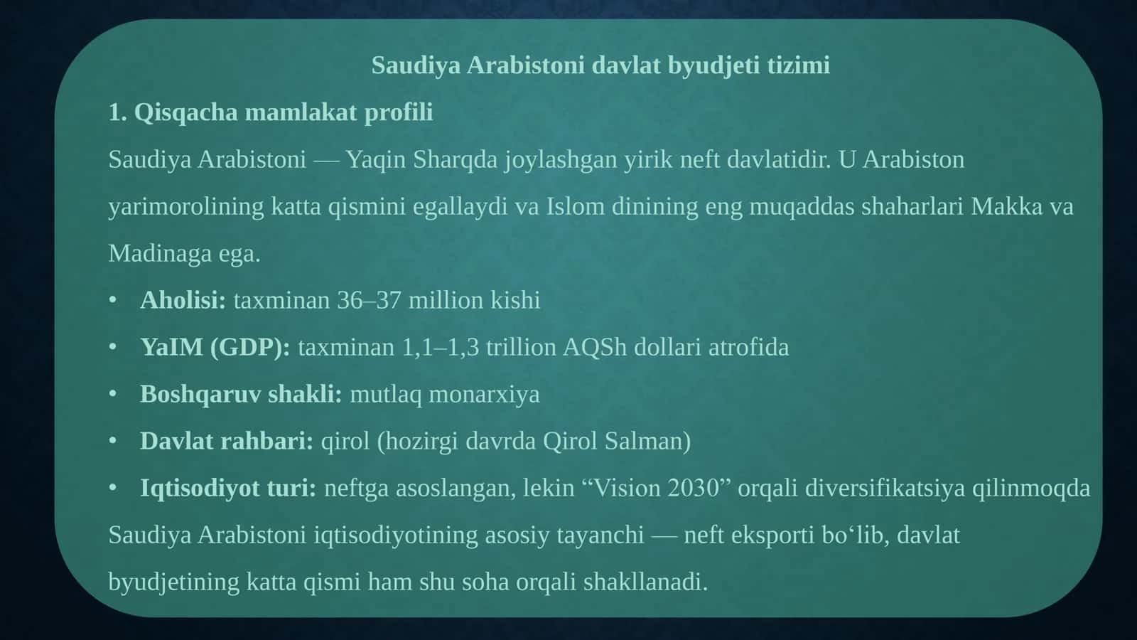 Saudiya Arabistoni davlat byudjeti tizimi 2