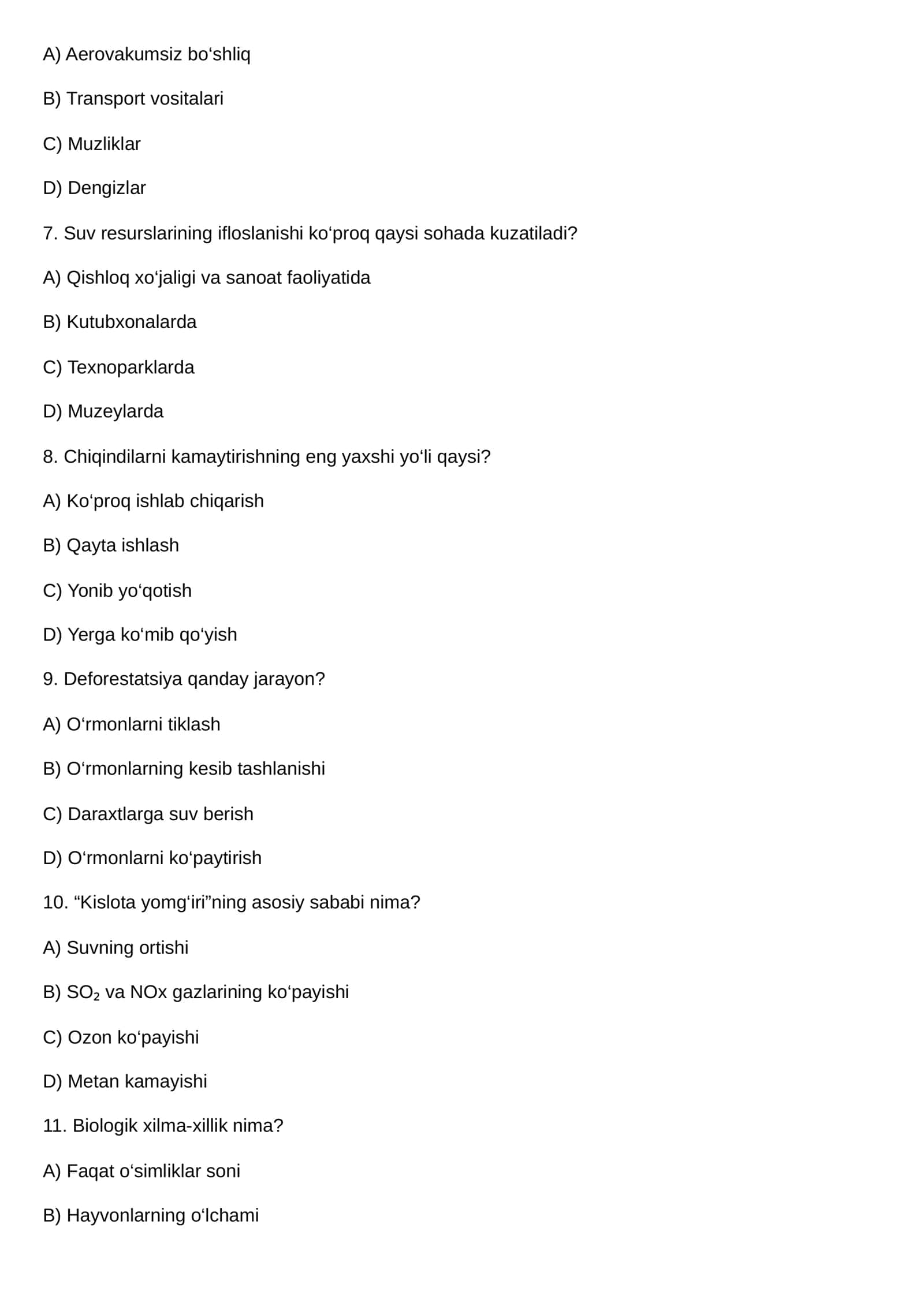 Ekologik muammolar bo‘yicha 25 ta test 2