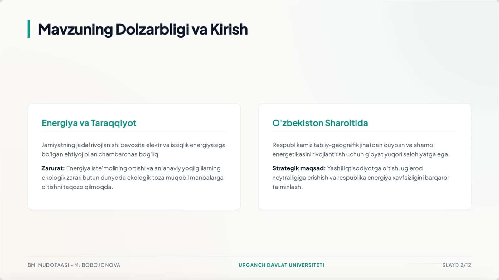 Diplom ishi fizika matematika yoʻnalishidagilar uchun oʻzbekiston sharoitida noananaviy energiy manbalari 2