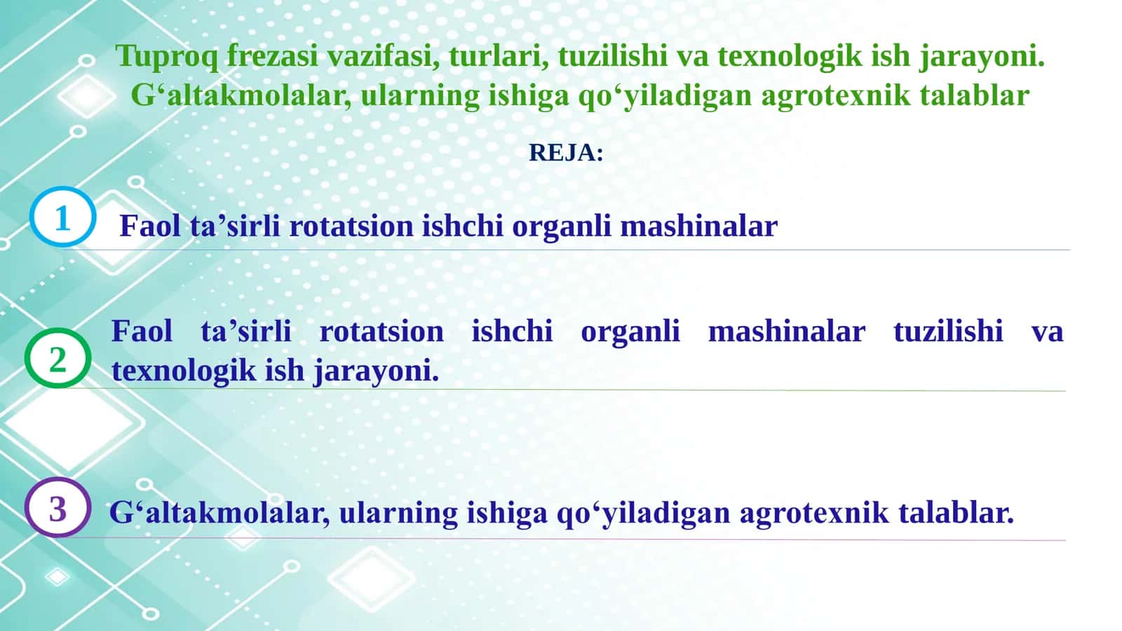 Tuproq frezasi vazifasi, turlari, tuzilishi va texnologik ish jarayoni. G‘altakmolalar, ularning ishiga qo‘yiladigan agrotexnik talablar 2