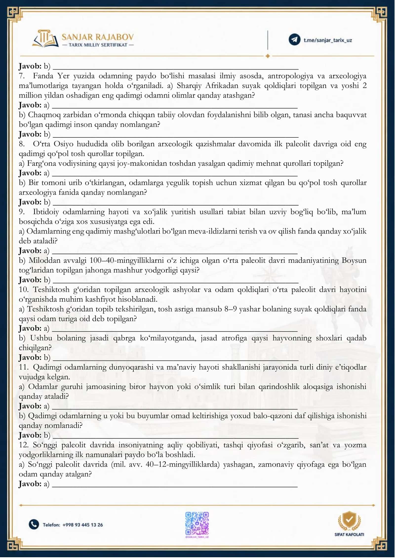 Milliy sertifikat uchun 6-sinf Qadimgi dunyo tarixi Mavzulashgan Ochiq savollar bazasi 2