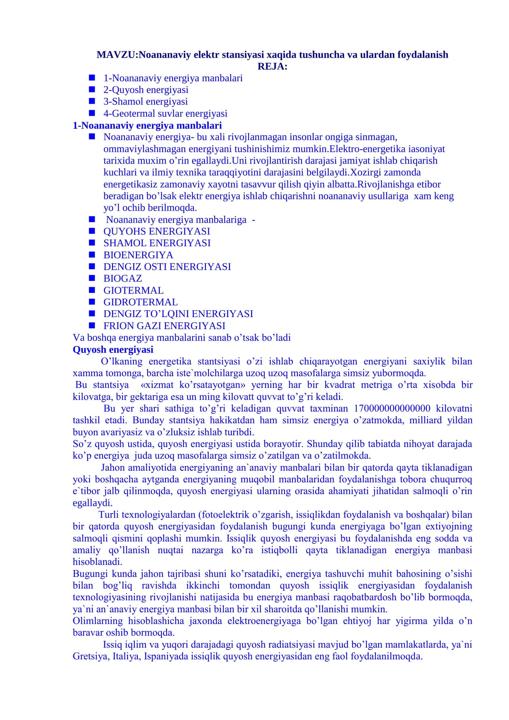 Noananaviy elektr stansiyasi xaqida tushuncha va ulardan foydalanish 2
