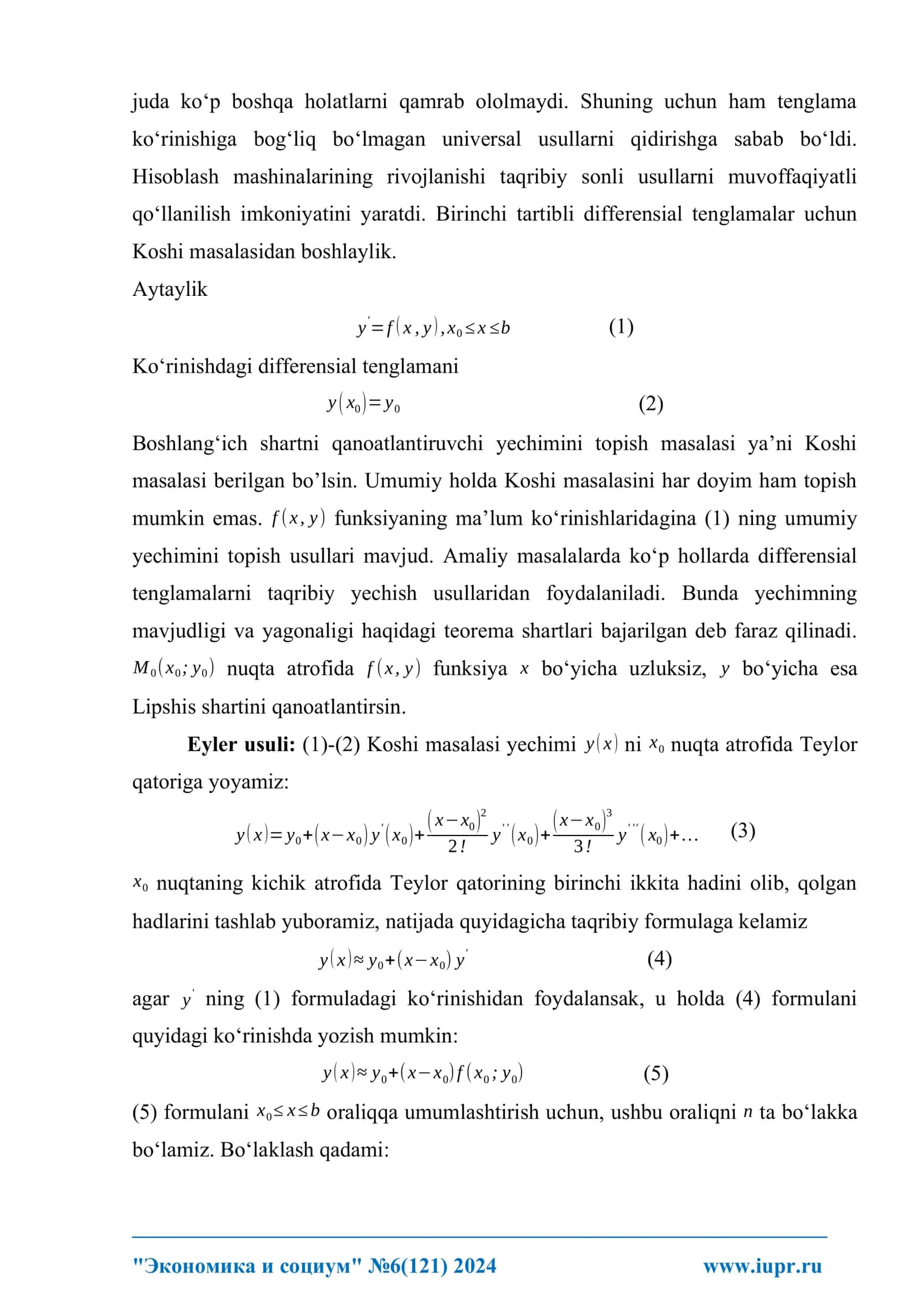 DIFFERENSIAL TENGLAMALARNI EYLER USULIDA TAQRIBIY YECHISH VA HAQIQIY QIYMAT BILAN SOLISHTIRISH 2