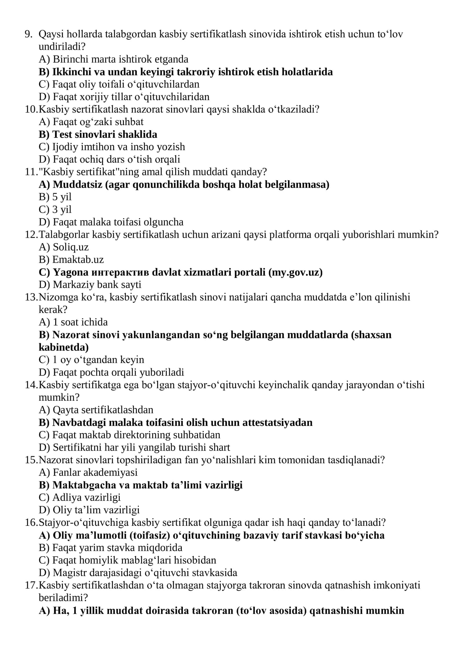 касбий сертификатлаш тест саволлари жавоблари билан 2
