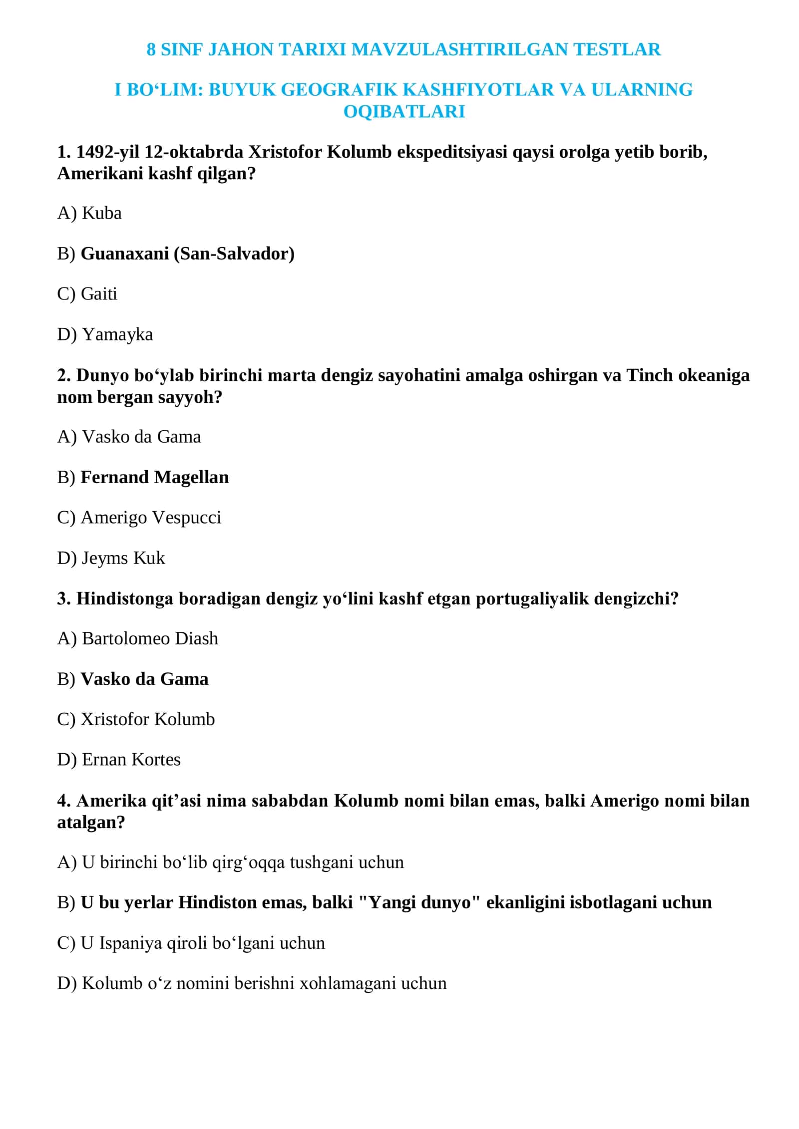 8 SINF JAHON TARIXI MAVZULASHTIRILGAN TESTLAR 2026 YIL 2