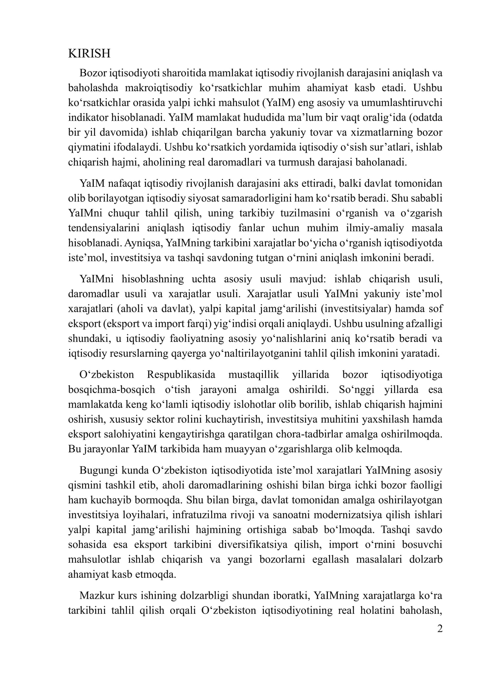 O‘zbekiston Respublikasida YaIMning xarajatlarga ko‘ra tarkibi tahlili 2