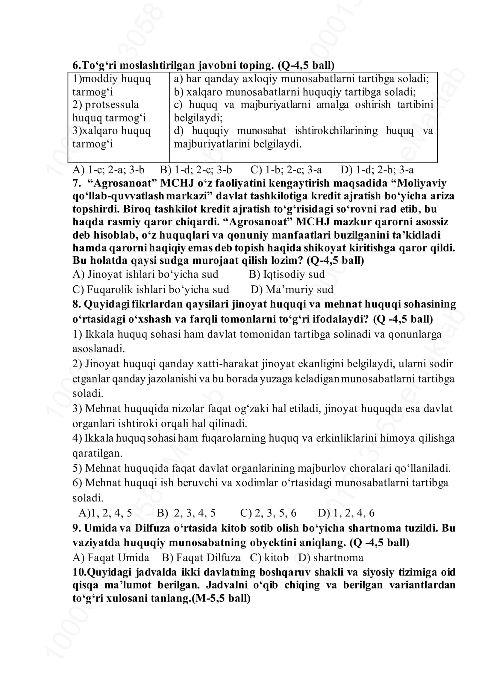 8-SINF DAVLAT VA HUQUQ ASOSLARI. ChSB - 1 2