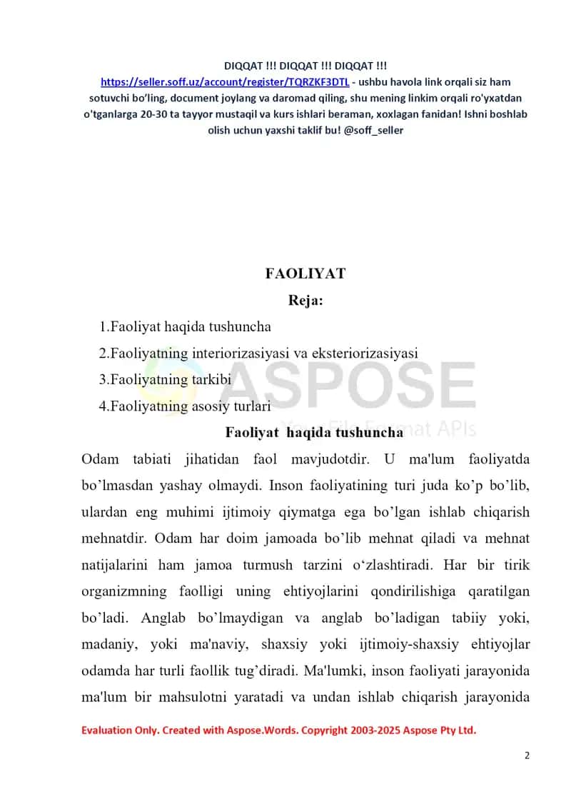 Kurs ishi: Faoliyat psixologiyasi 2