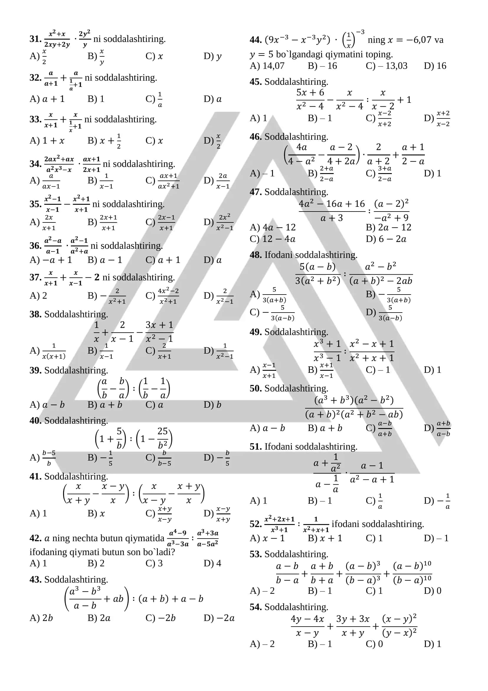 Algebraik kasrlar mavzusidan 100 talik test (javoblari bilan) 2