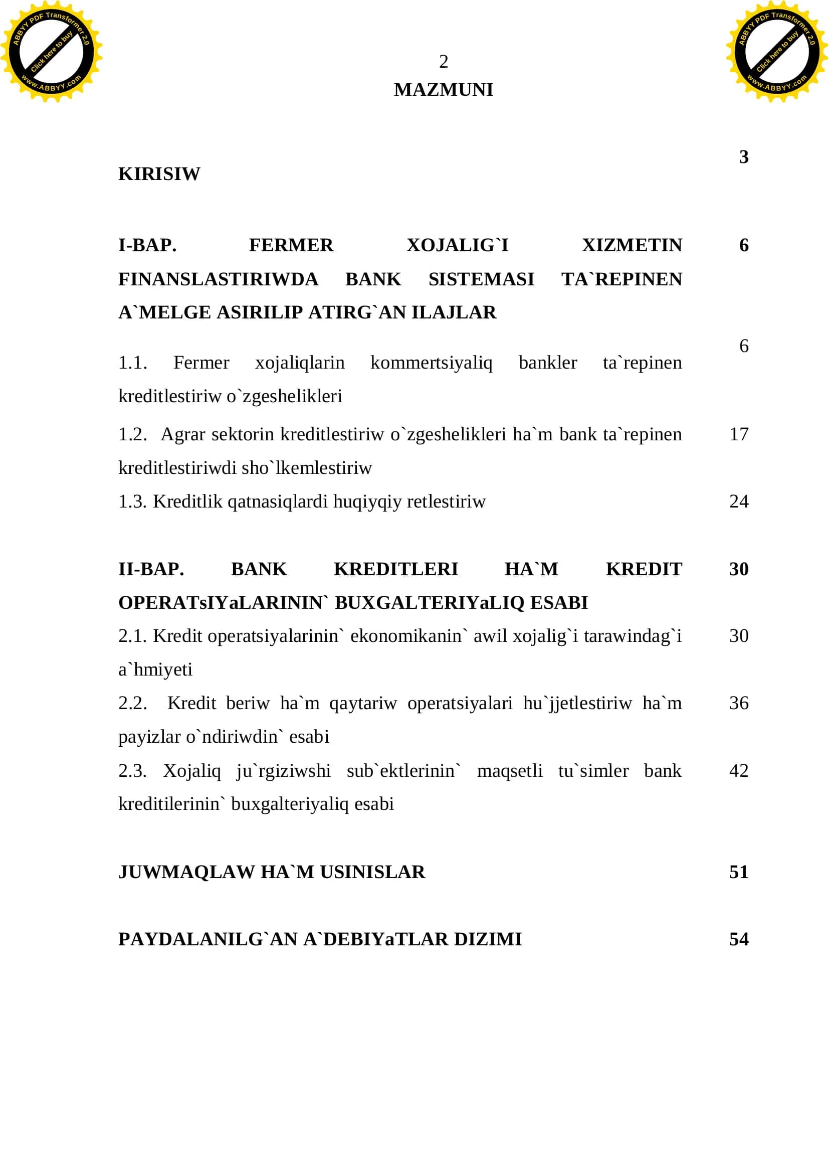 Fermer xojalig`i xizmetin finanslastiriwda bank kreditleri ha`m kredit operatsiyalarinin` buxgalteriyaliq esabi 2