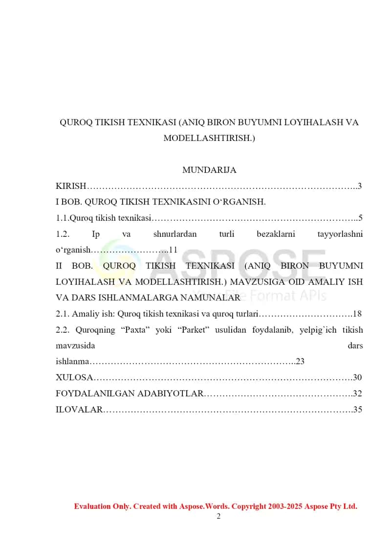 Quroq tikish texnikasi (aniq biron buyumni loyihalash va modellashtirish) – kurs ishi 2
