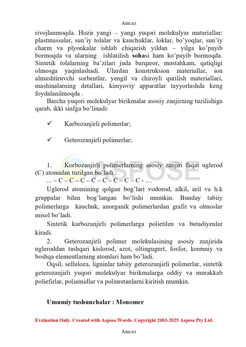 Yuqori molekulyar birikmalar kimyosi haqida umumiy tushunchalar 2