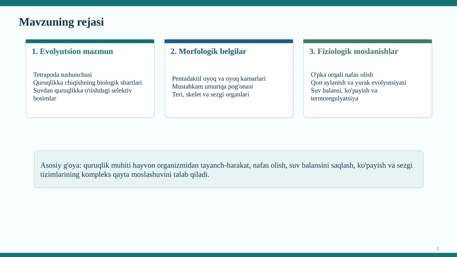 Tetrapoda katta sinfiga mansub hayvonlarning quruqlikda yashashini ta'minlovchi morfofiziologik belgi va xususiyatlar 2