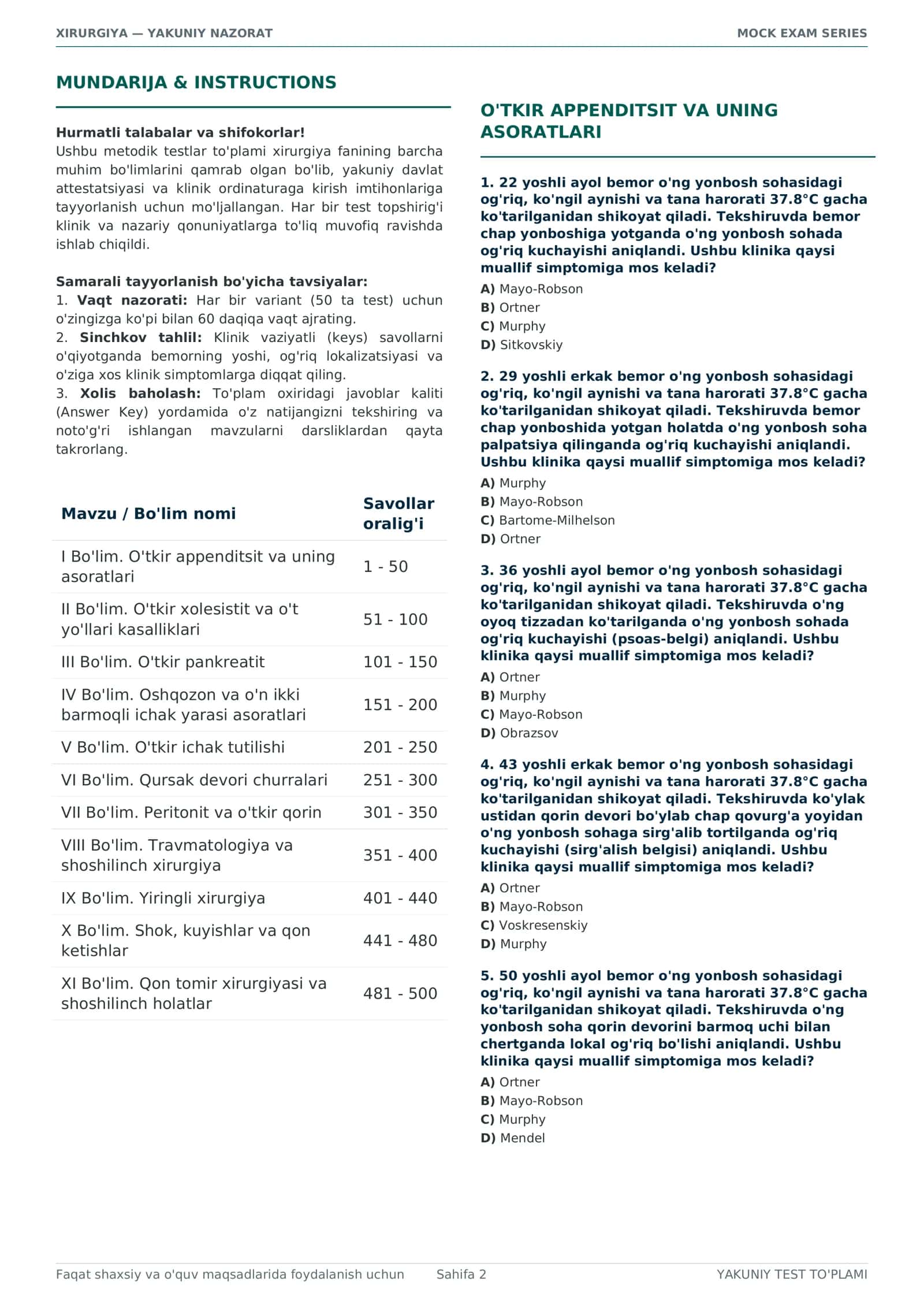 Xirurgiya — yakuniy nazorat uchun 500 ta test savoli + javoblari 2
