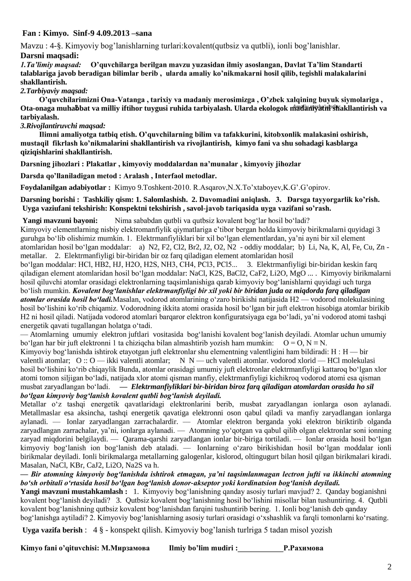 9-Sinf Kimyo Fanidan Kompetensiyaviy Yillik Dars Ishlanmalar To‘plami 2