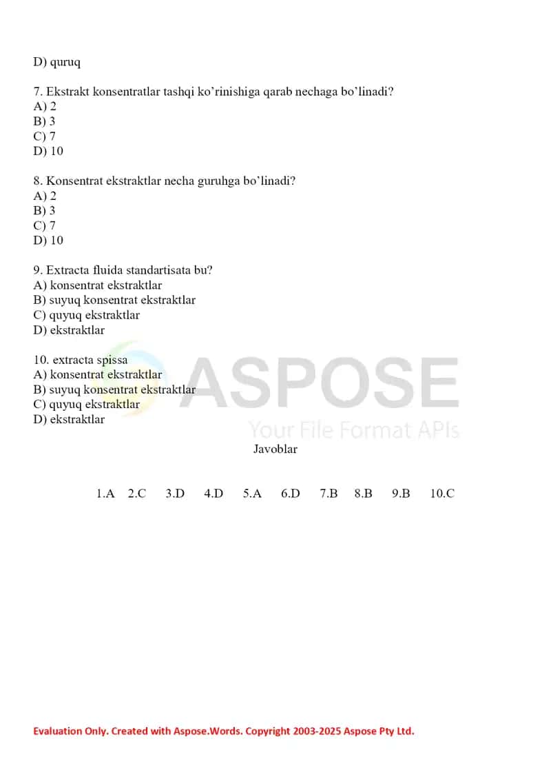 Dorivor o'simlik xomashyosidan ajratma olishda ekstraksiya jarayonining nazariy asoslari.Test 10 ta. 2