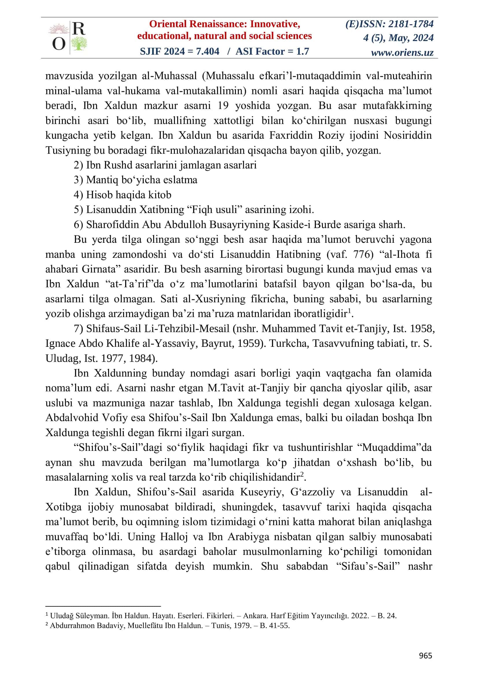 Abu Zayd Abdurahmon ibn Xaldun ijtimoiy ta'limotining asosiy manbalariga doir ma'lumotlar tahlili 2