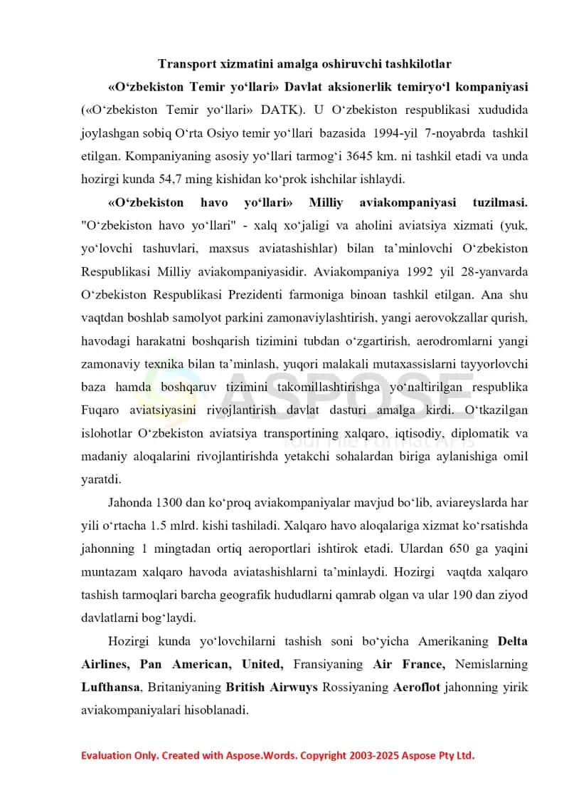 Turizm sohasida transportda tashish infratuzilmasini takomillashtirish va ularning tasniflanishi 2