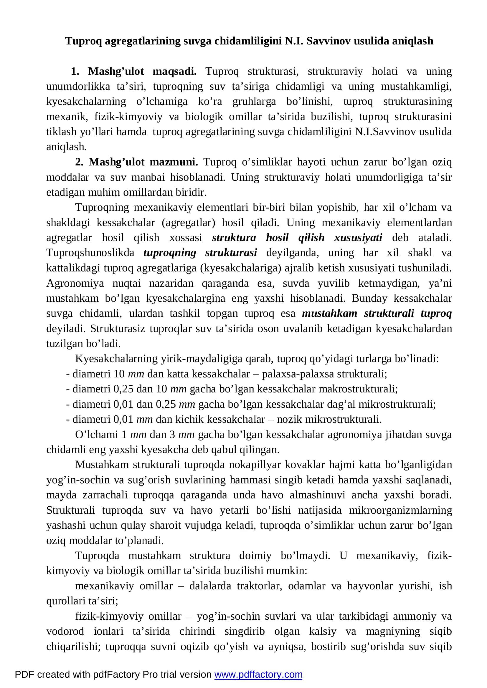 Tuproq agregatlarining suvga chidamliligini N.I. Savvinov usulida aniqlash 2