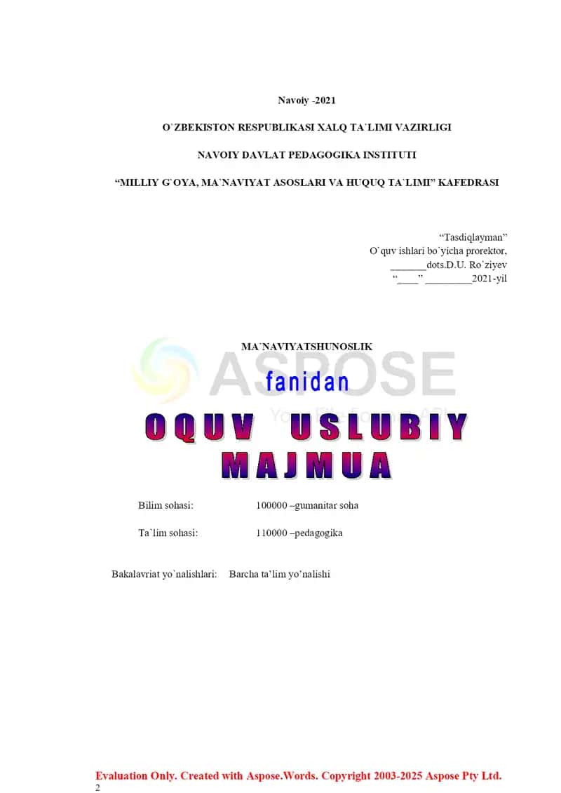 Ma’naviyatshunoslik fanidan o‘quv-uslubiy majmua 2