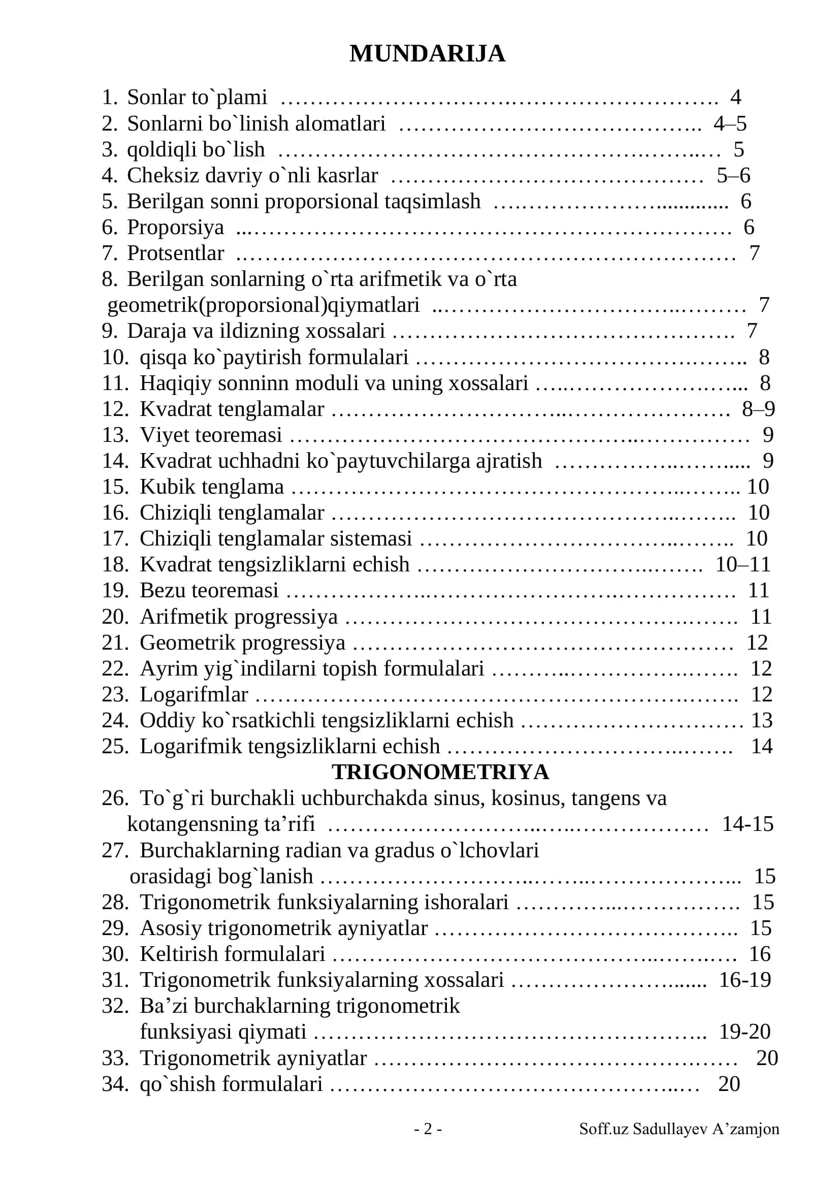 Matematika formulalar to'plami kitobcha 2