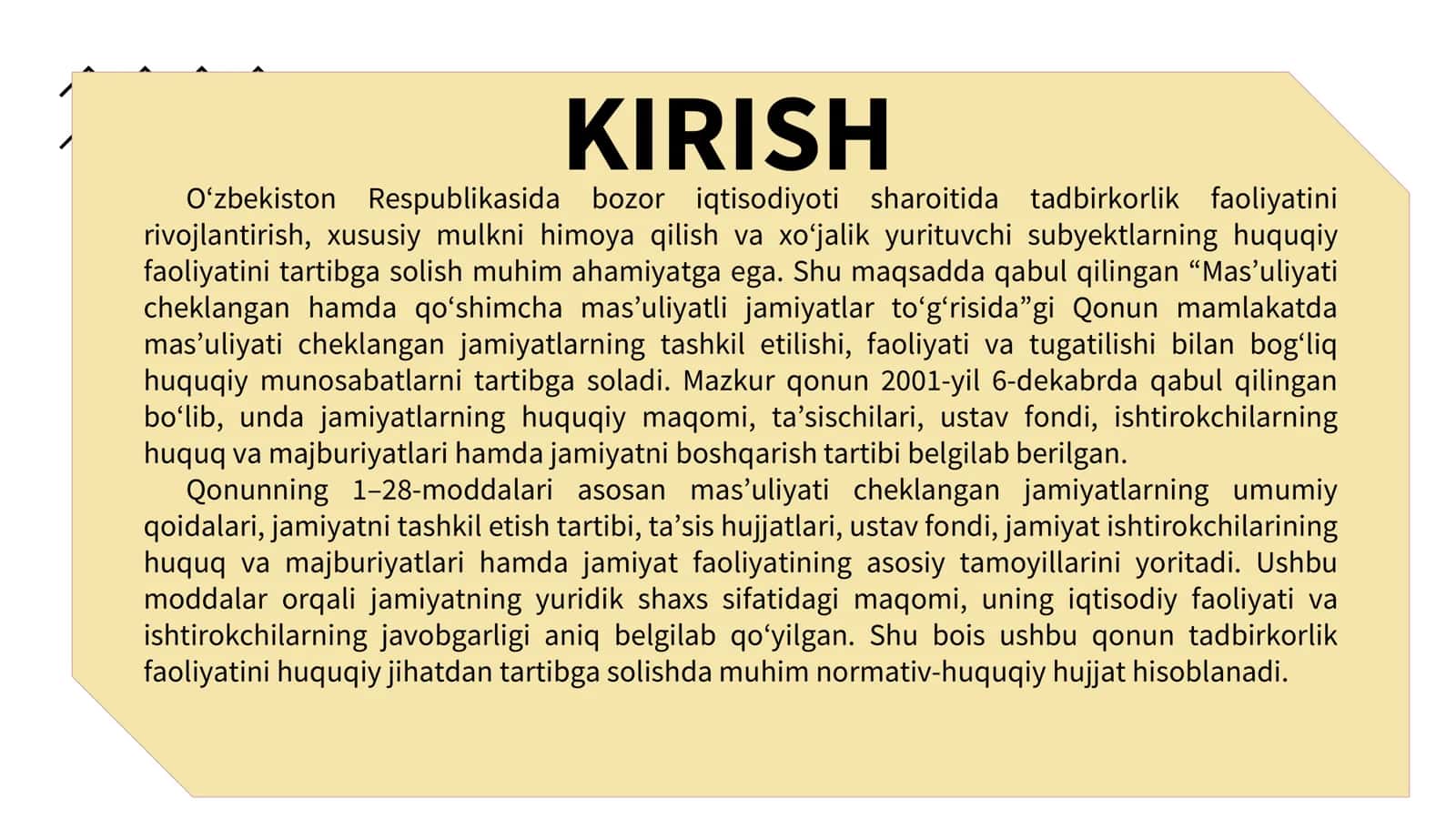 Oʻzbekiston Respublikasining Masʼuliyati cheklangan jamiyatlar toʻgʻrisidagi qonuni1-28 moddalar 2