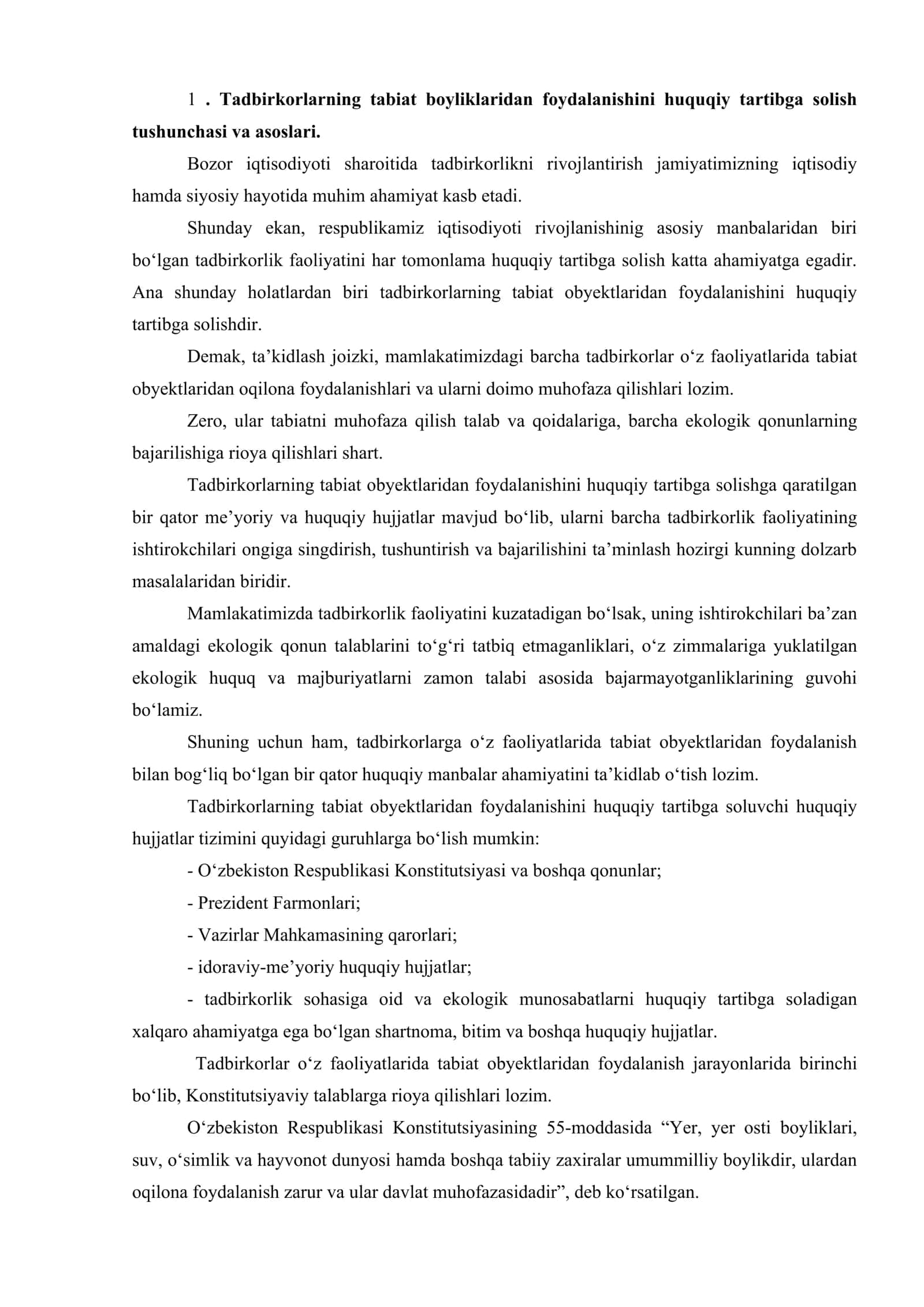 Tadbirkorlarning tabiat obektlaridan foydalanish huquqi 2