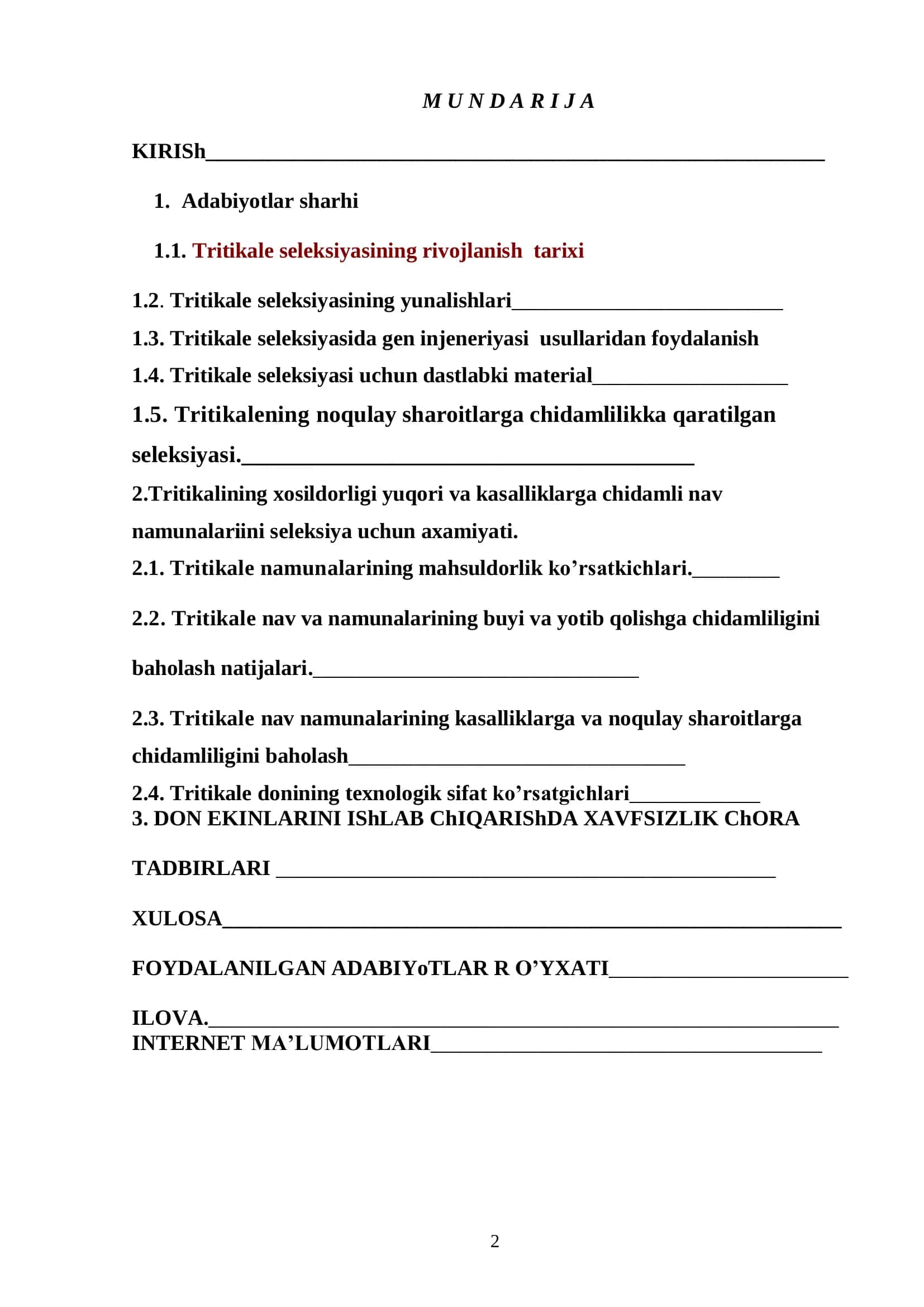 Tritikalyening xosildorligi yuqori va kasalliklarga chidamli nav namunalarini seleksiya uchun axamiyati 2