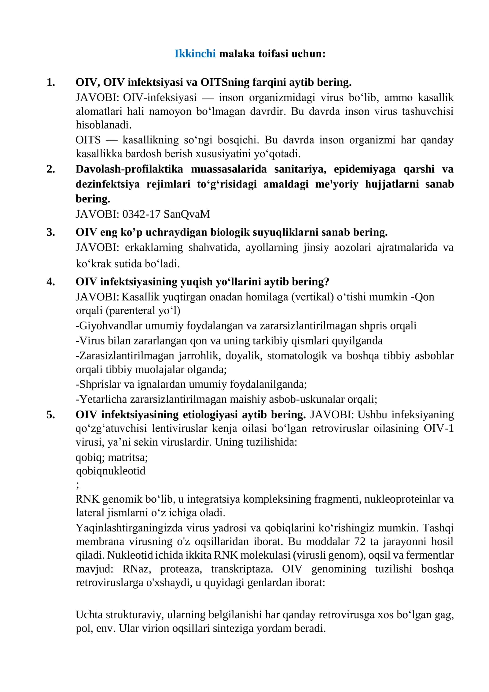 O‘rta tibbiyot xodimlari uchun ikkinchi malaka toifasi | 151 ta batafsil savol-javoblar 2