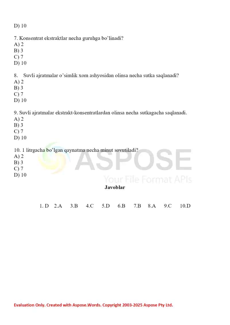 Dorivor o'simlik xomashyosidan ajratma olishda ekstraksiya jarayonining nazariy asoslari. Test 10 ta, javobli. 2