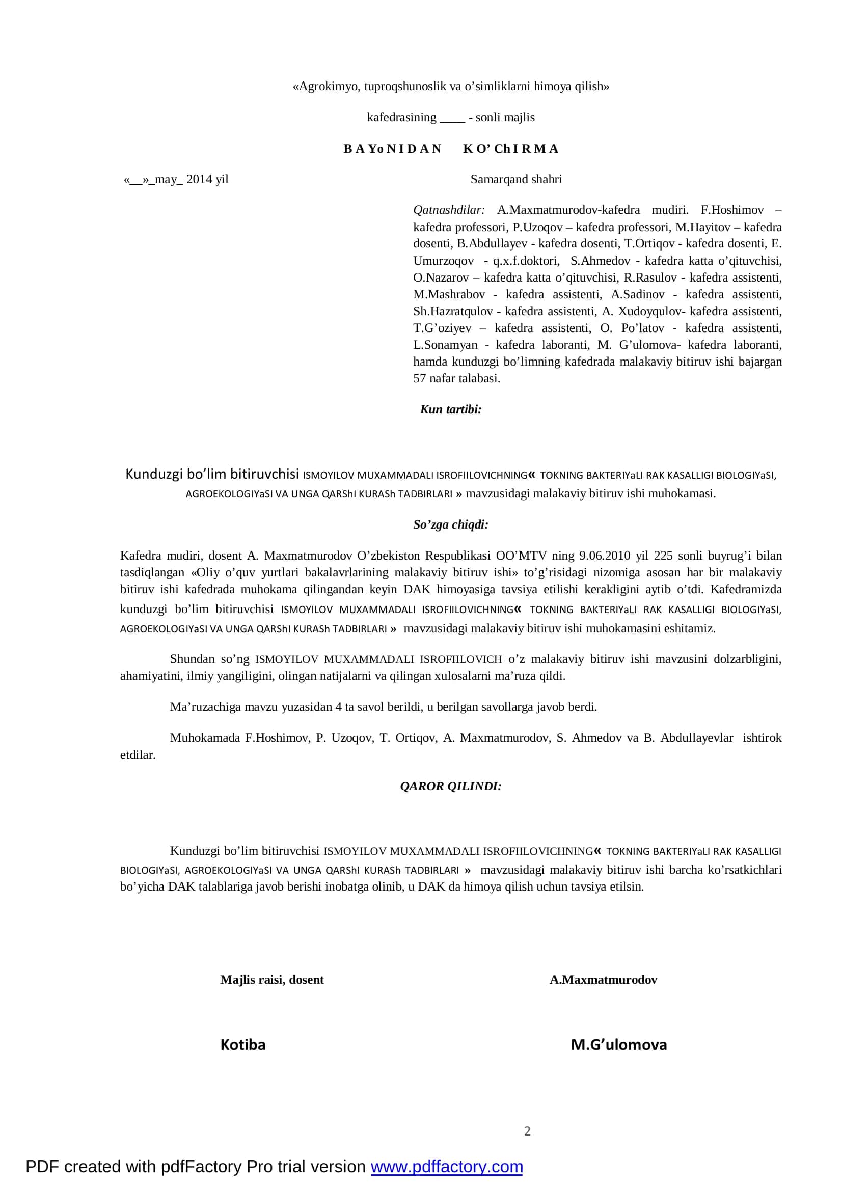 Agrokimyo, tuproqshunoslik va o’simliklarni himoya qilish 2