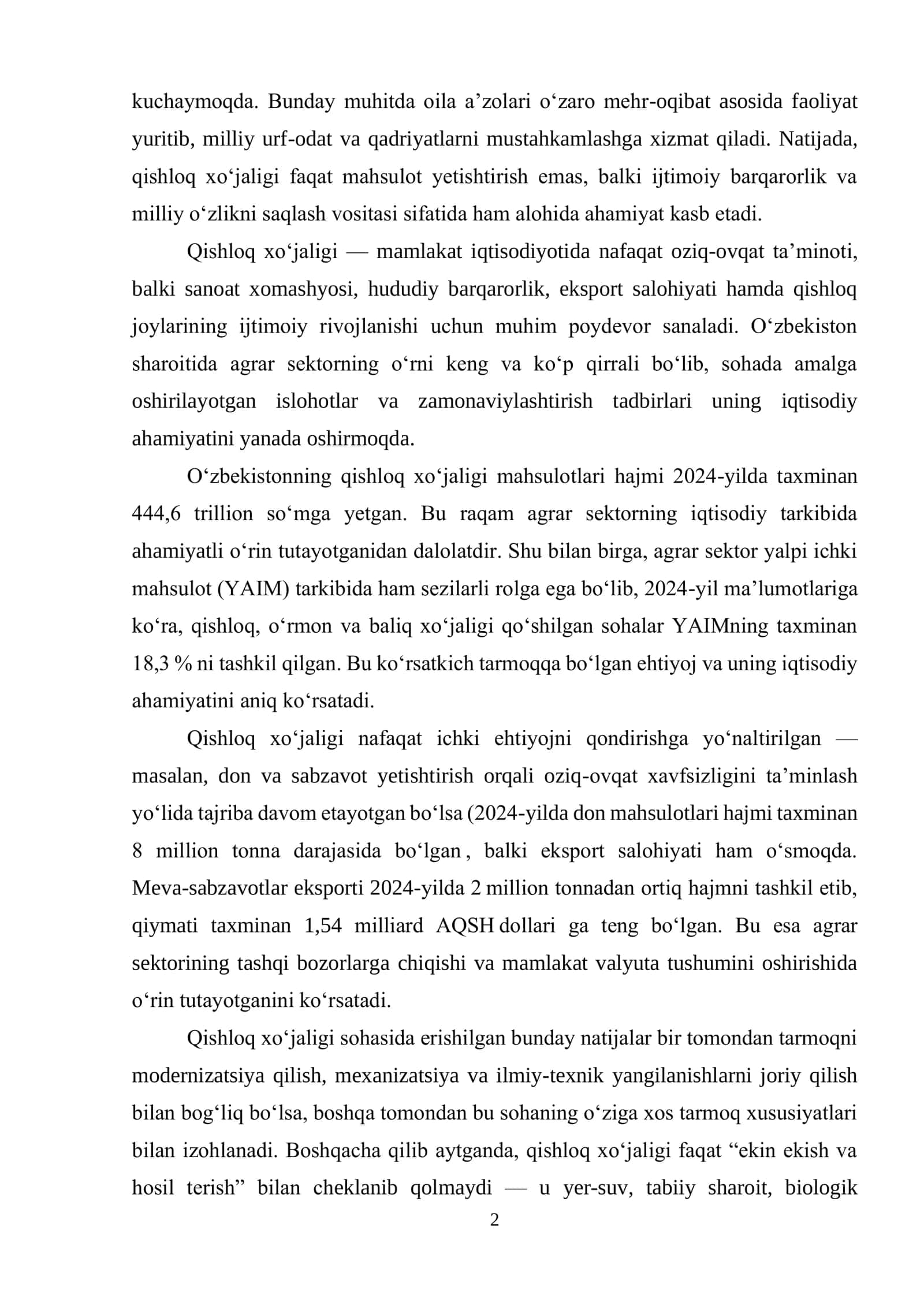 Qishloq xo‘jaligi tarmog‘i iqtisodiyoti 2