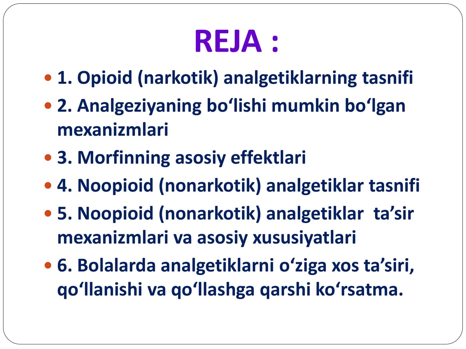 OG’RIQ QOLDIRUVCHI VOSITALAR. NARKOTIK VA NONARKOTIK ANALGETIKLAR 2