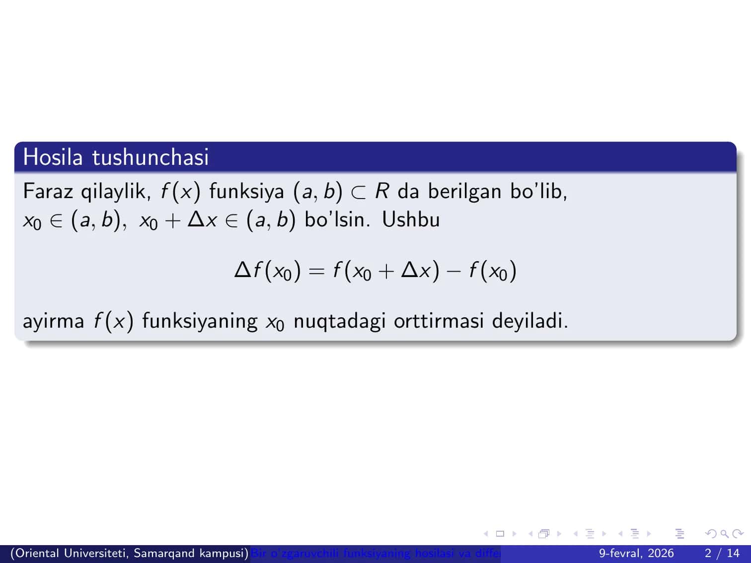 Bir o’zgaruvchili funksiyaning hosilasi va diﬀerensiali 2