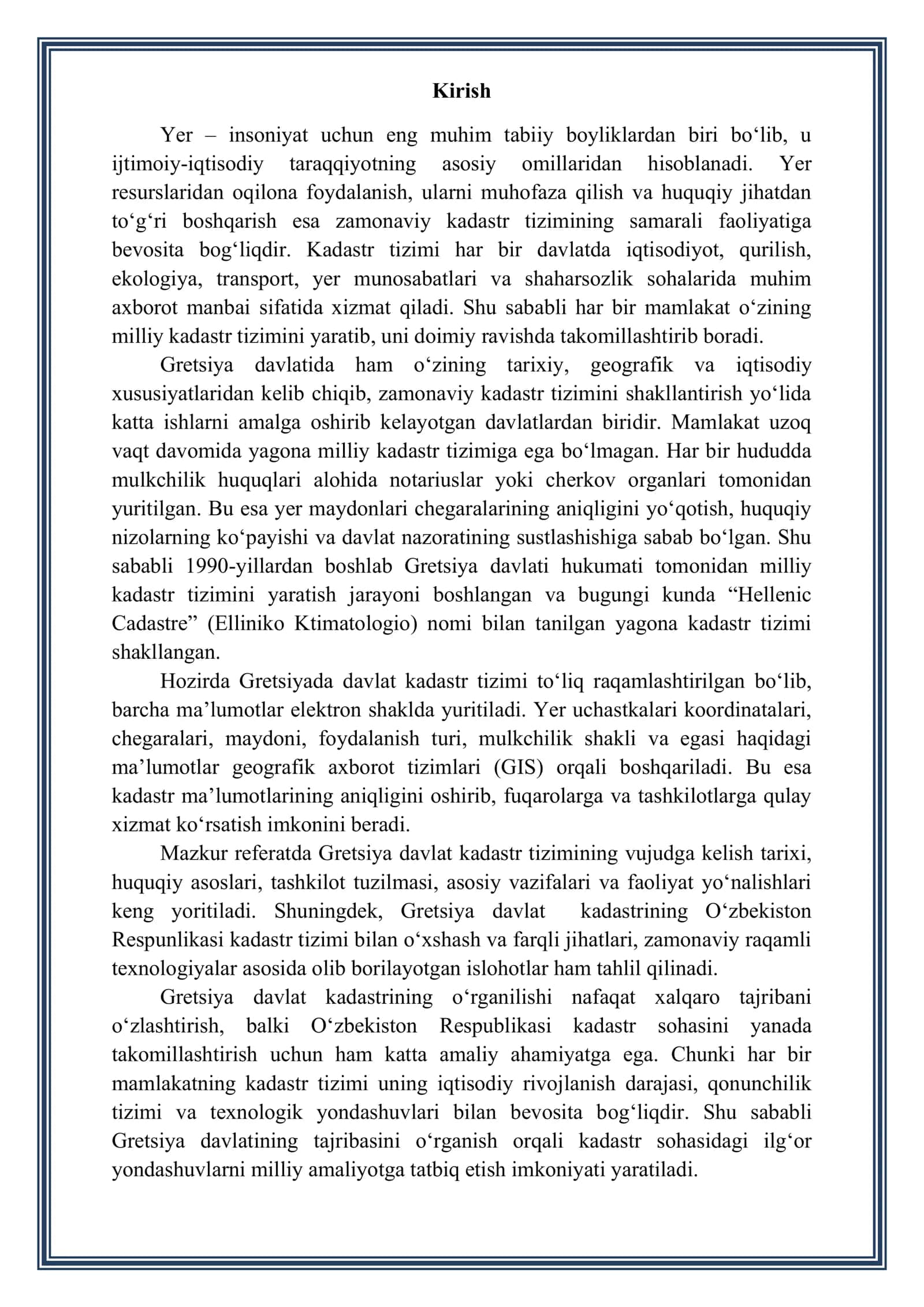 Gretsiya davlat kadastr sohasi tajribasini o‘rganish va tahlil qilish 2