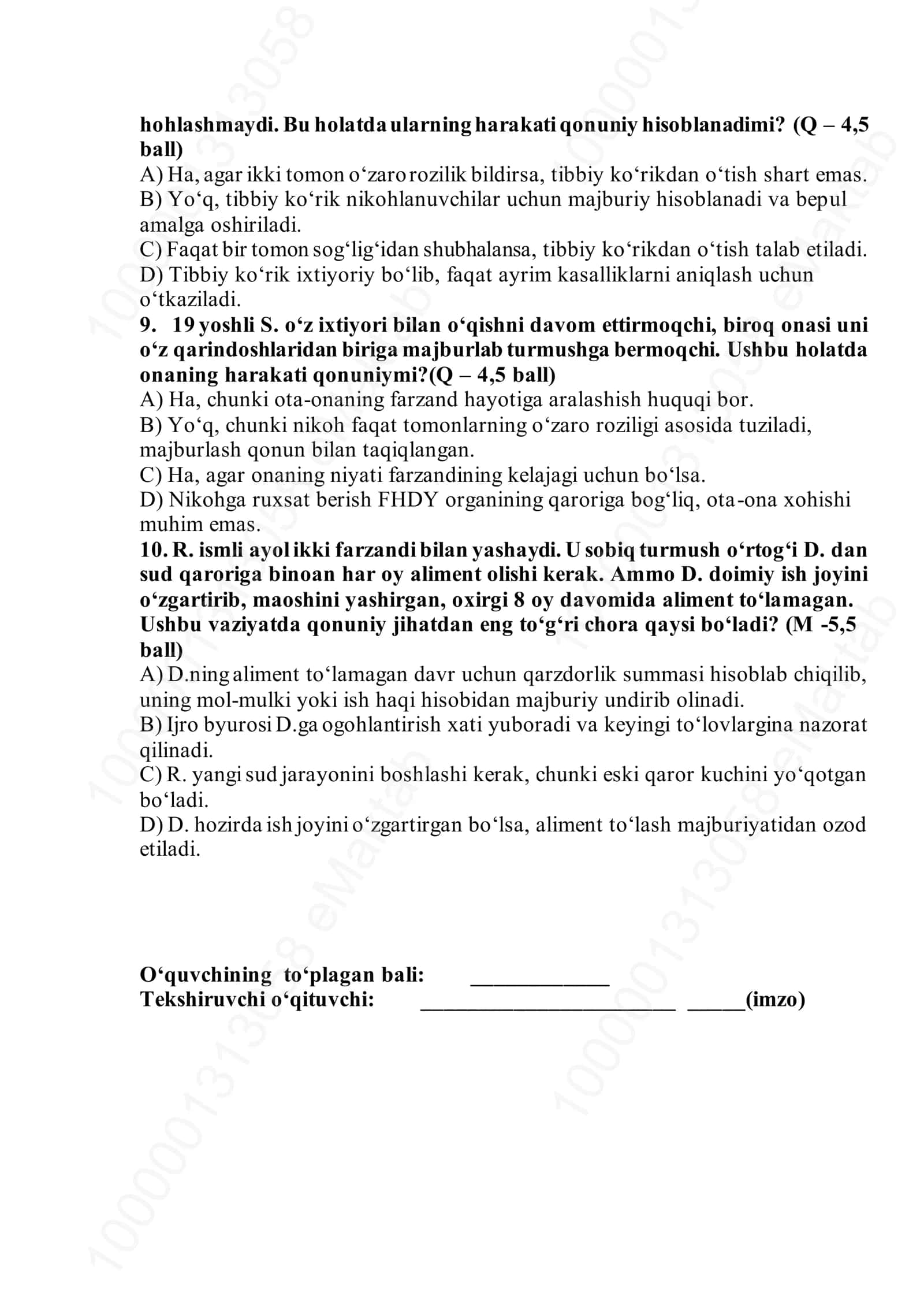 10-sinf Davlat va huquq asoslari fanidan ChSB - 1 2