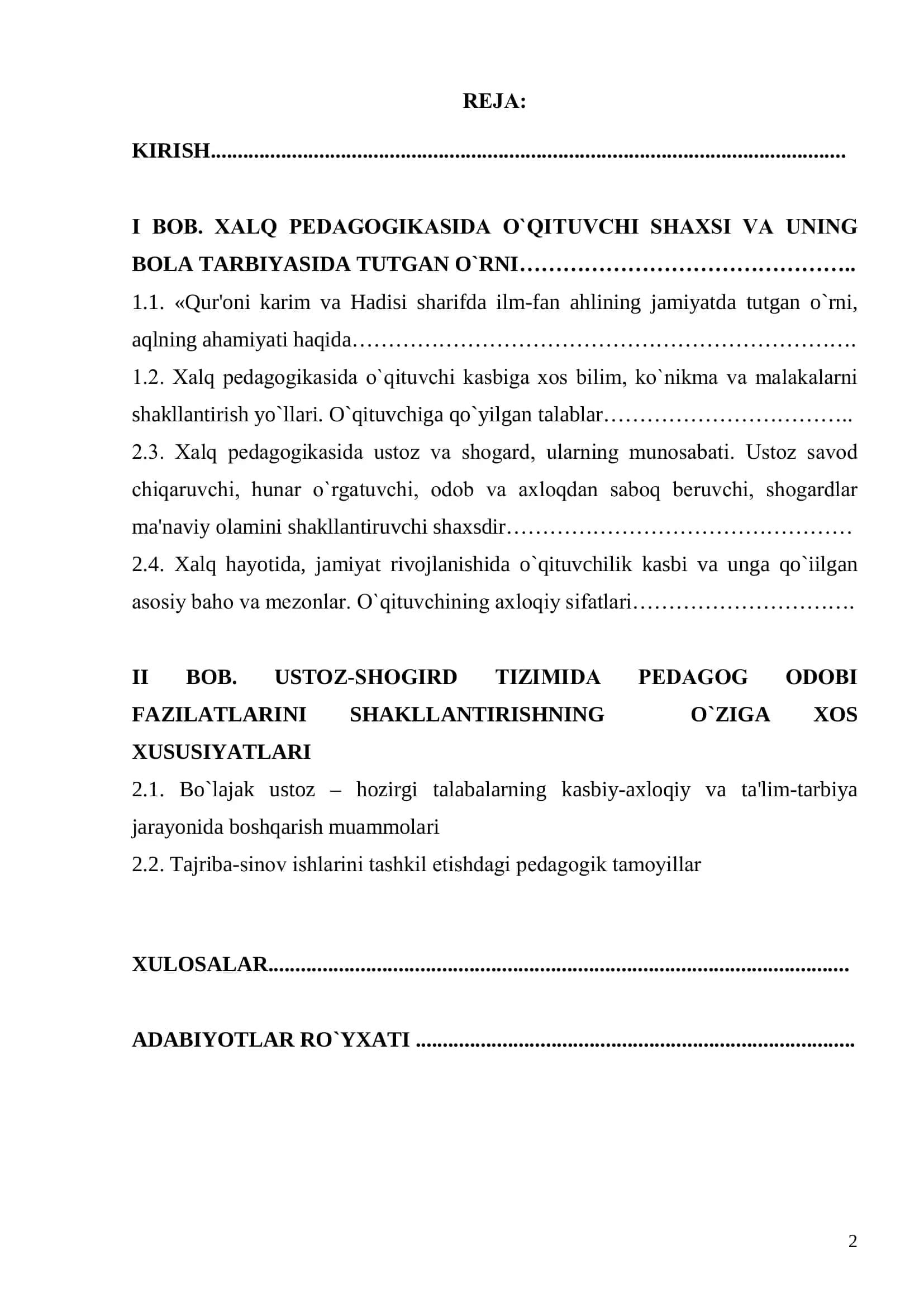 Xalq pedagogikasida ustoz-shogird tizimi mavzusida bajarilgan BITIRUV MALAKAVIY ISHI 2