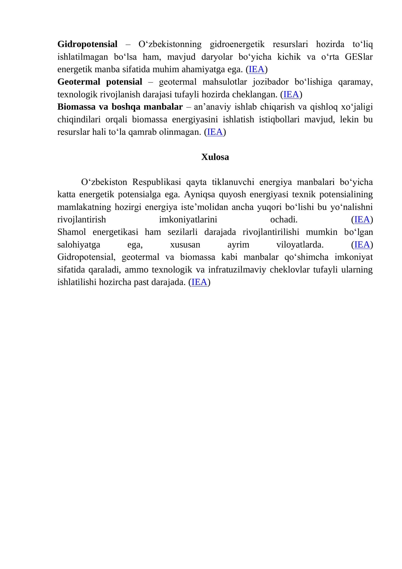 Qayta tiklanuvchi energiya manbalarining energetik potensiali 2
