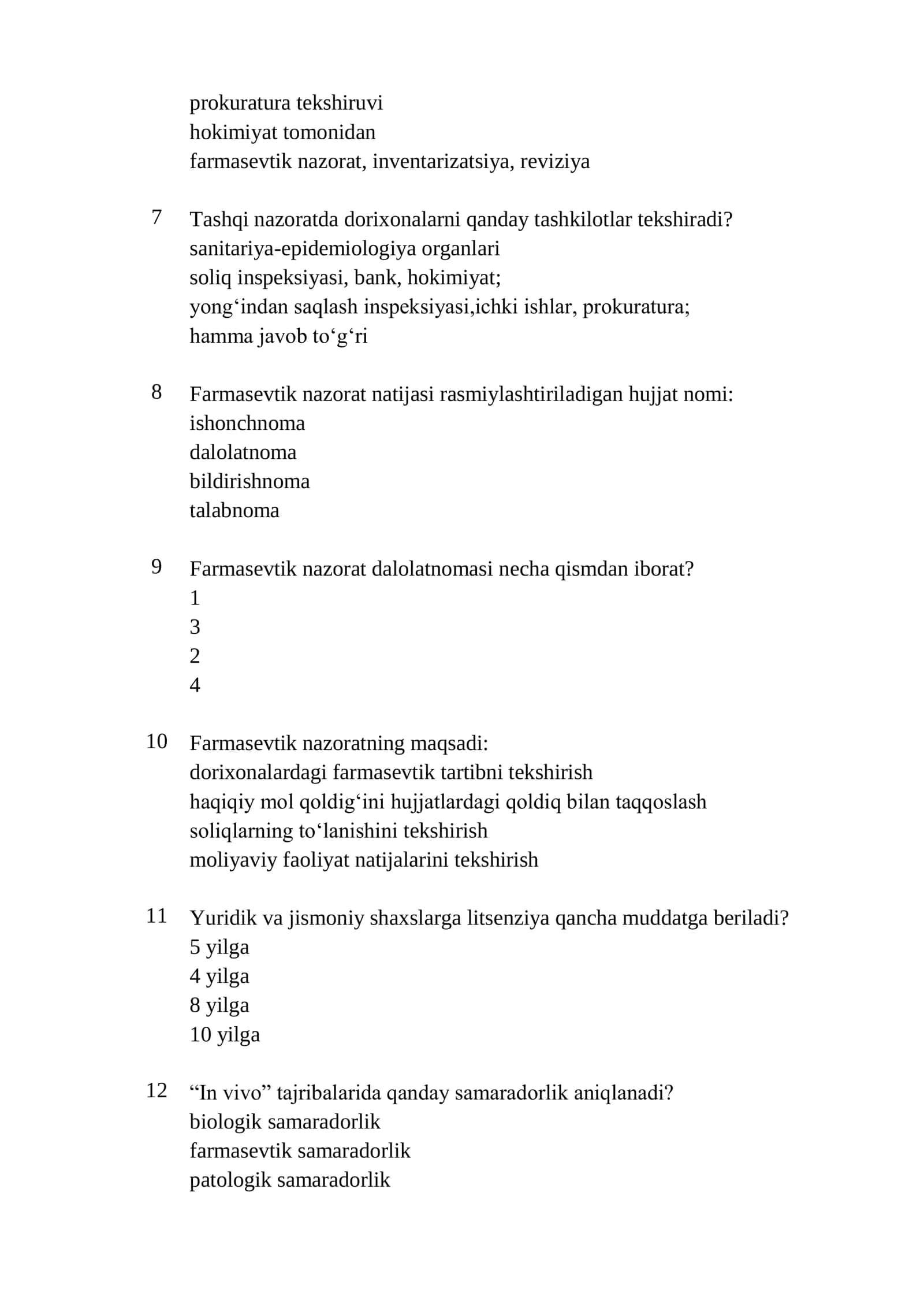 Farmatsiya mutaxassisligi boʻyicha shakllantirilgan test savollari roʻyxati 2026 2