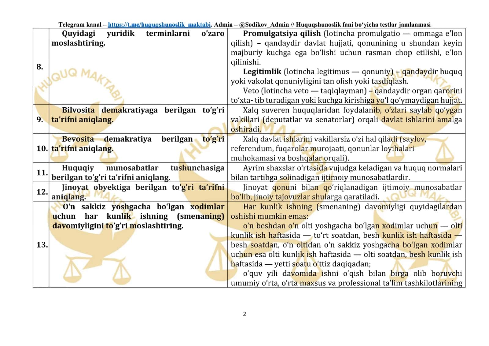 Huquqshunoslik fanidan joriy yil tushgan testlar 2