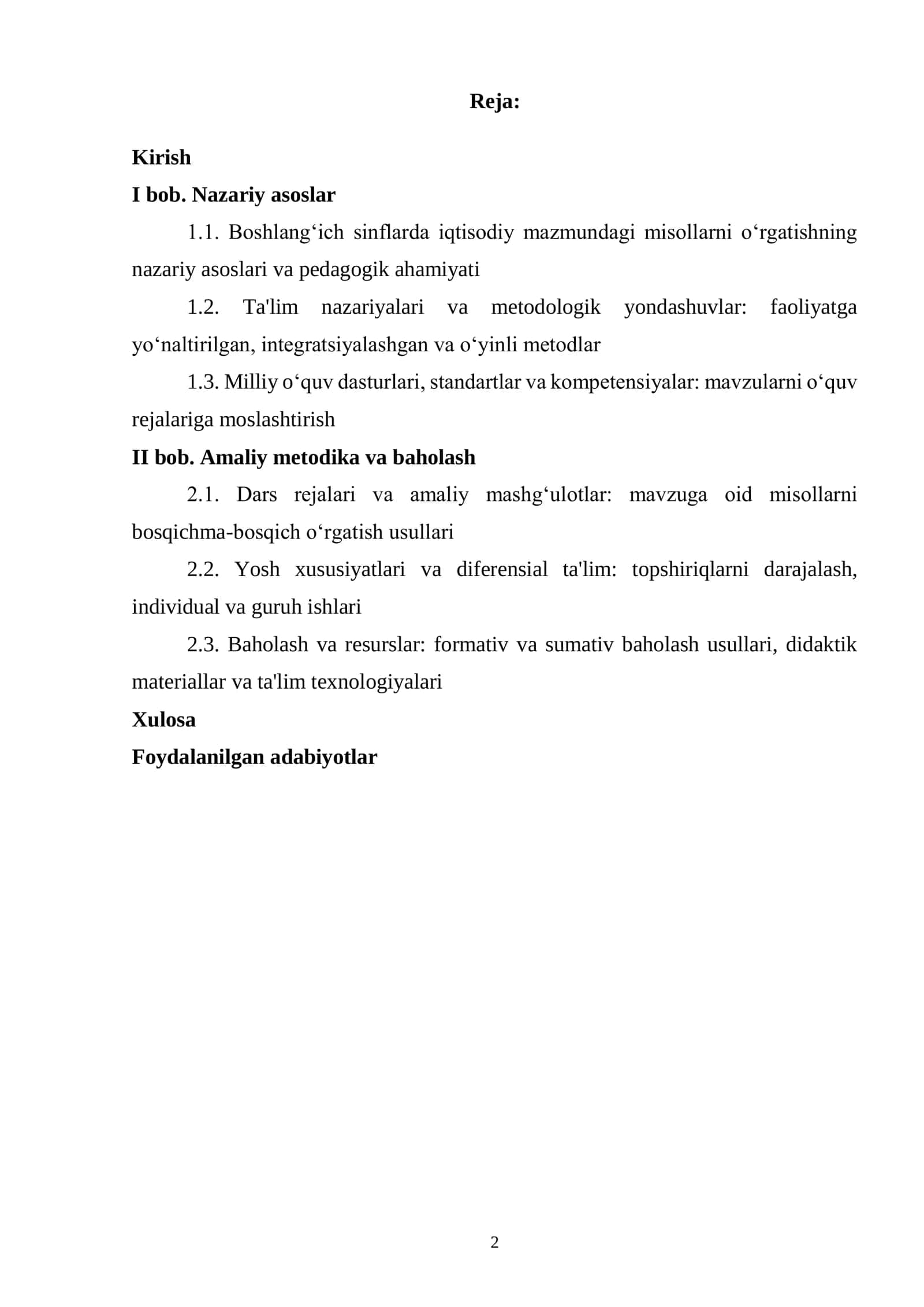 📘 “Boshlang‘ich sinflarda iqtisodiy mazmundagi misollarni yechimini o‘rgatish” mavzusidagi kurs ishi 2