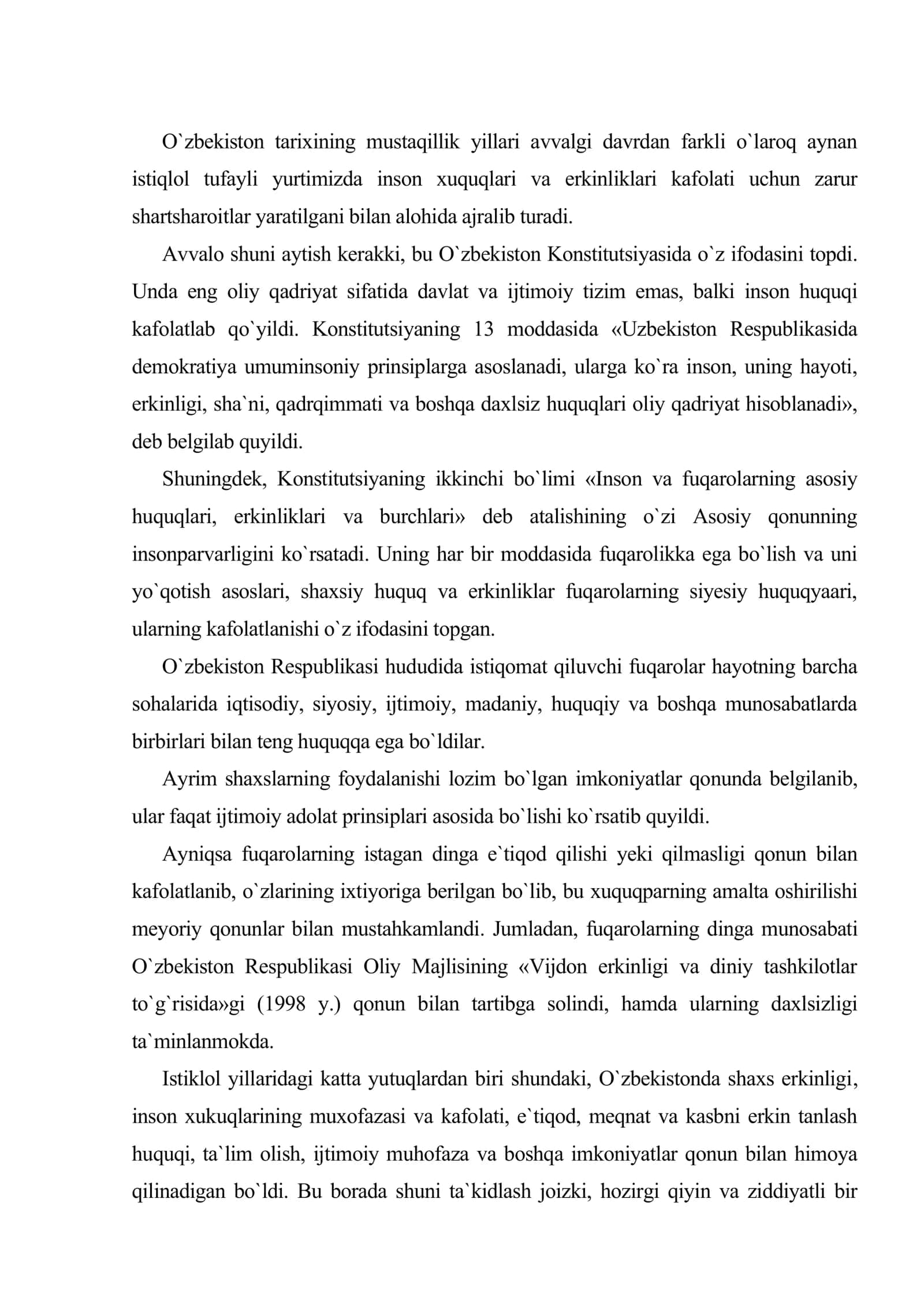 O`zbekistonda inson huquqlari va erkinliklari kafolatining yaratilishi 2