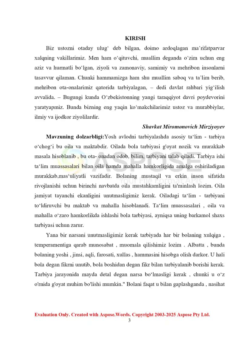 Kurs ishi “Bola tarbiyasida mahalla va maktab ro‘li” 2