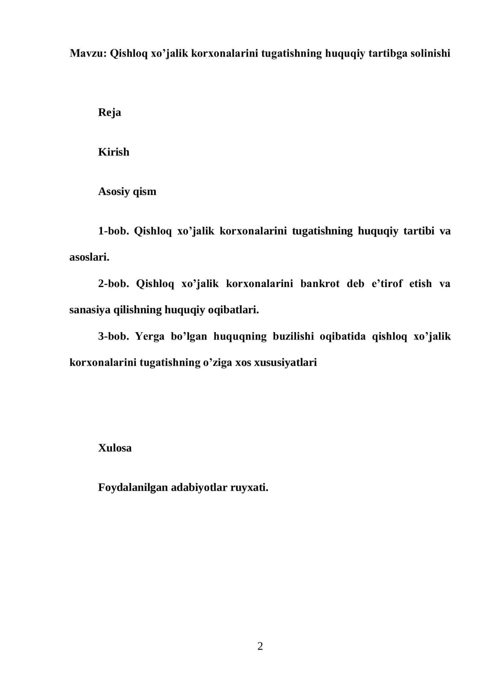 Qishloq xo’jalik korxonalarini tugatishning huquqiy tartibga solinishi 2