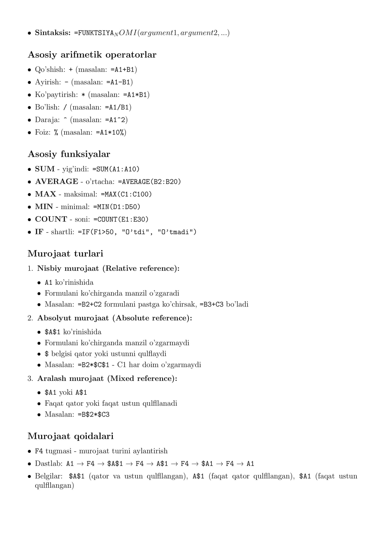 Formula va funksiyalarni yaratish. Katakka absolyut va nisbiy murojaat 2