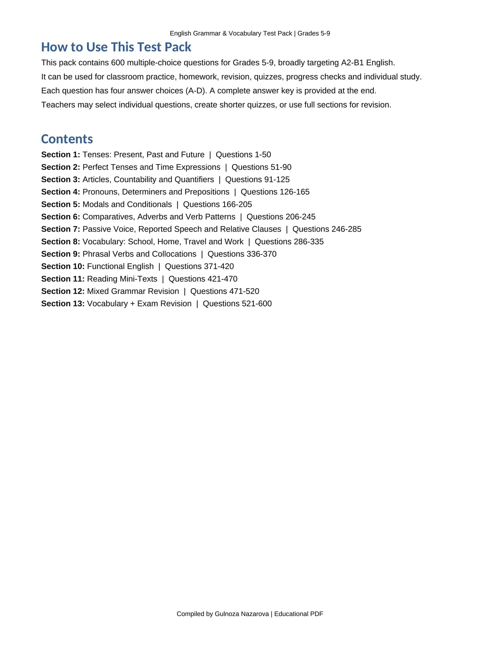 English Grammar & Vocabulary Test Pack — Grades 5–9 — ingliz tili o‘qituvchilari va o‘quvchilari uchun tayyor, amaliy va vaqt tejovchi testlar to‘plami. 2