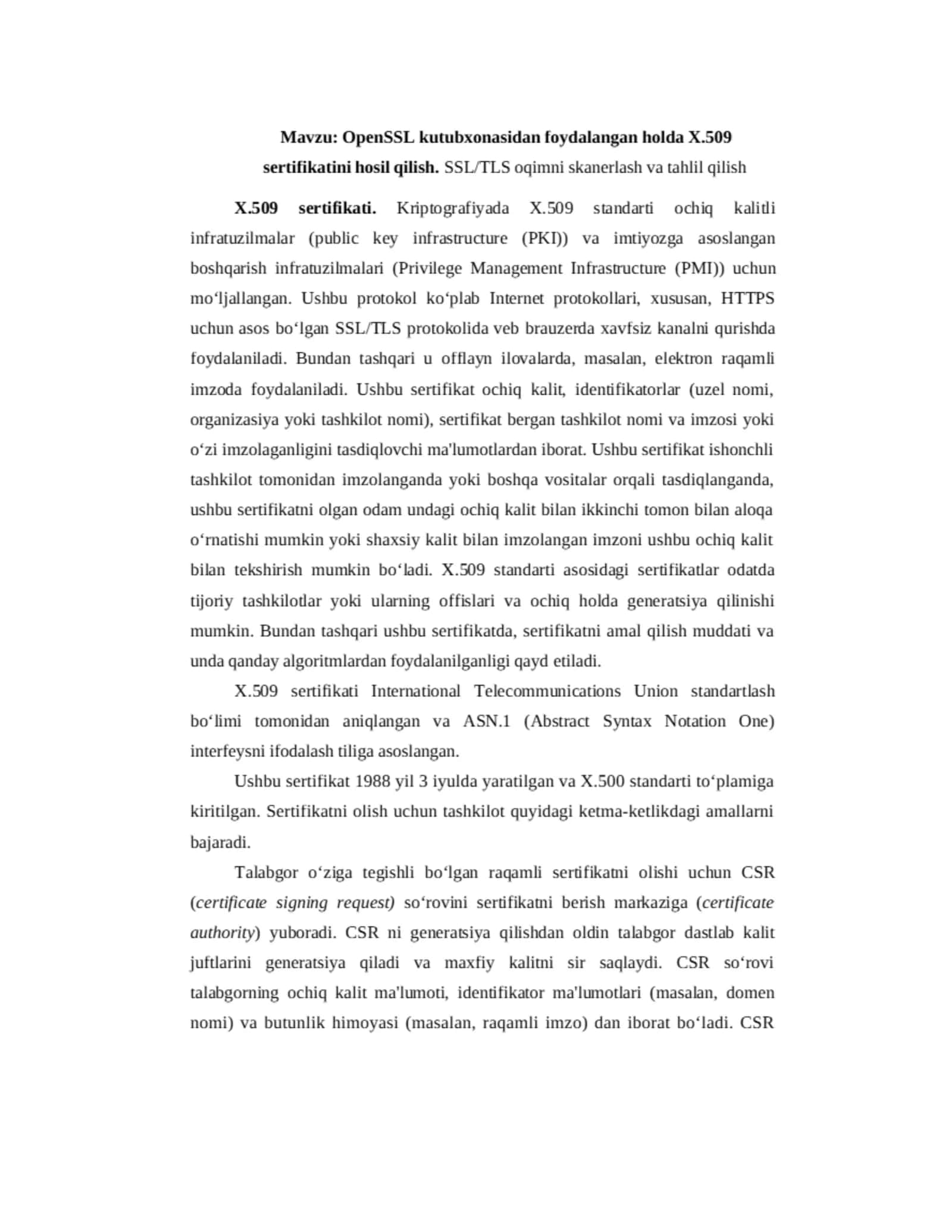 Kriptografiya 2 - OpenSSL kutubxonasidan foydalangan holda X.509 sertifikatini hosil qilish 2