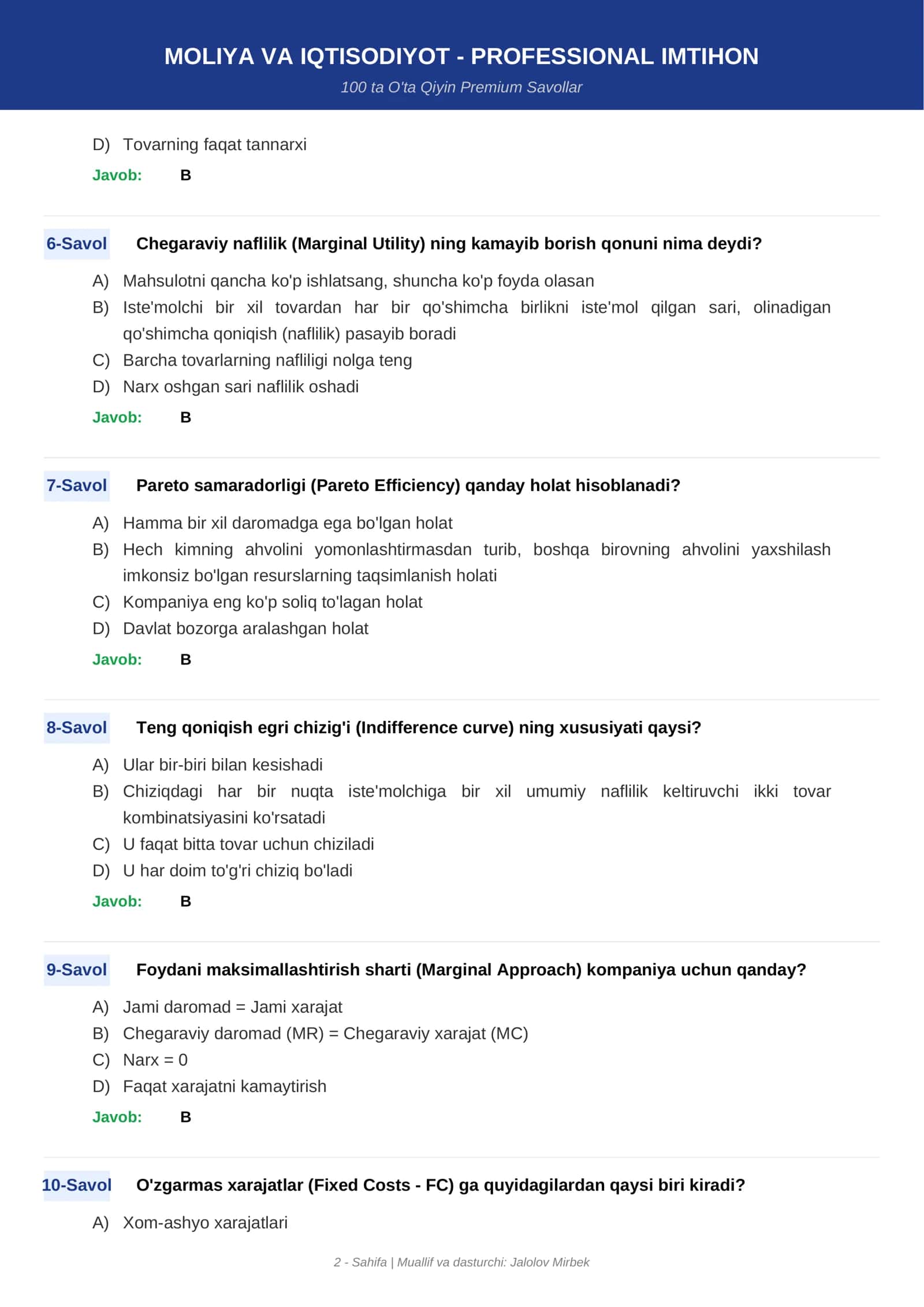 Moliya va Iqtisodiyot – Professional Imtihon 2