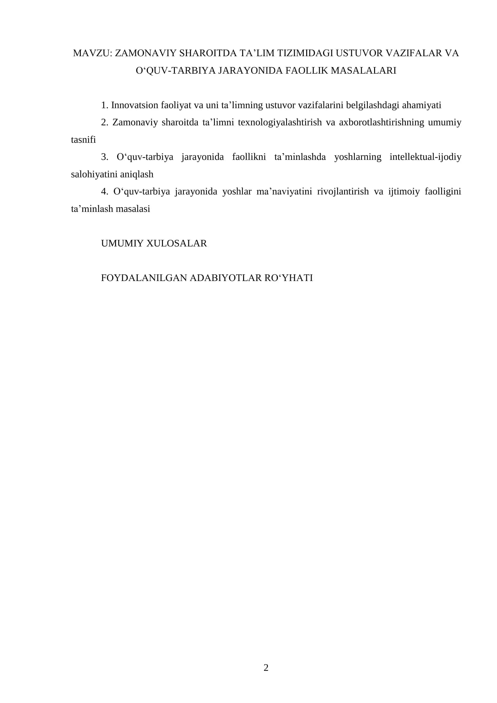 ZAMONAVIY SHAROITDA TA'LIM TIZIMIDAGI USTUVOR VAZIFALAR VA O'QUV-TARBIYA JARAYONIDA FAOLLIK MASALALARI 2