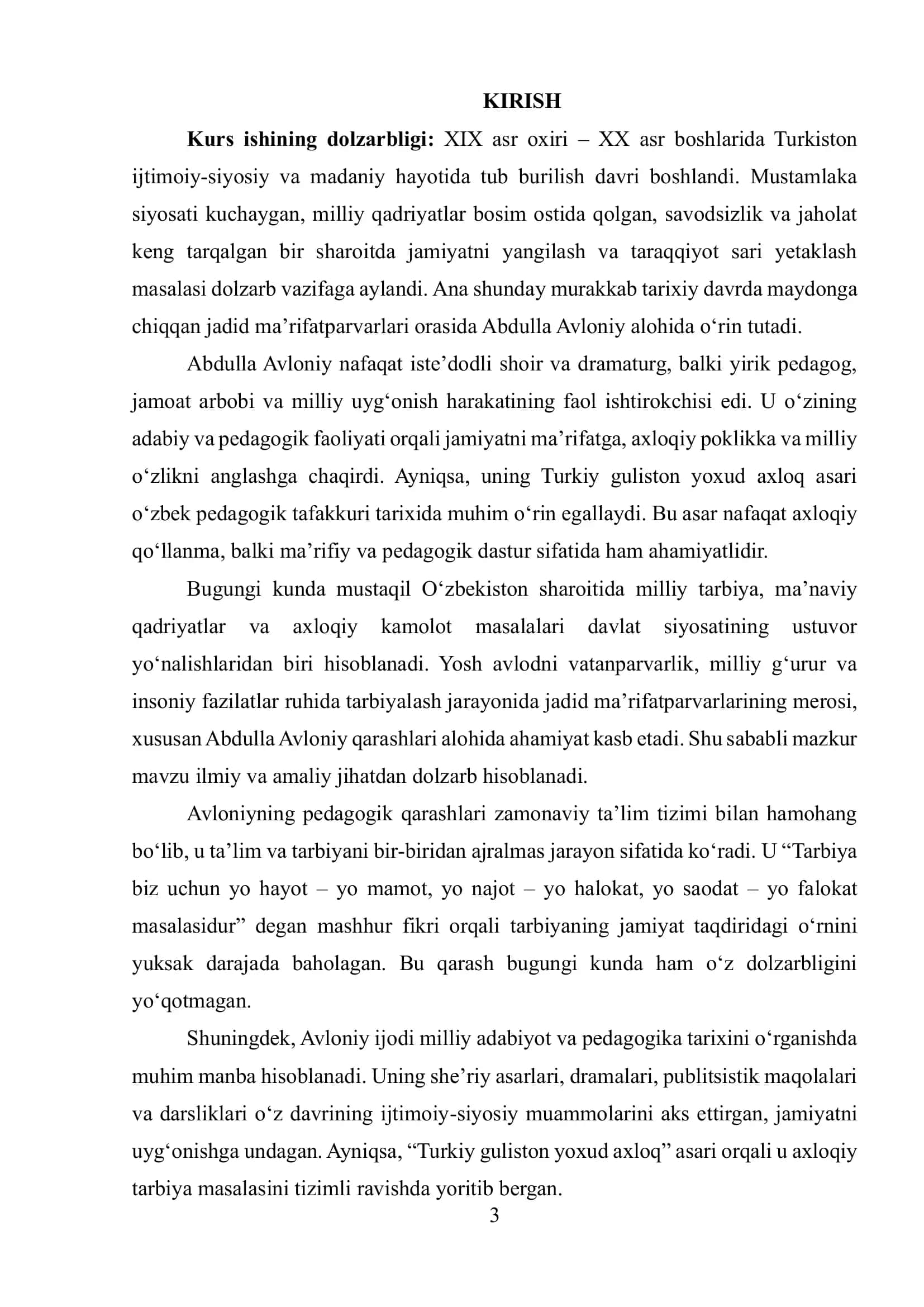 ABDULLA AVLONIY ADABIY MEROSI. PEDAGOGIK ASARLARI. “TURKIY GULISTON YOXUD AXLOQ” 2